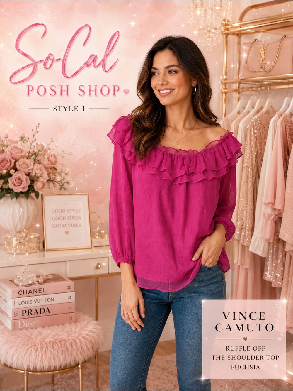Vince Camuto Fuchsia Ruffle Off-Shoulder Blouse